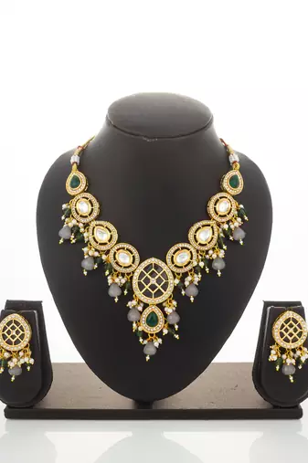 Green grey bead necklace earring set