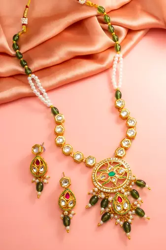 Green meenakari kundan necklace earring set