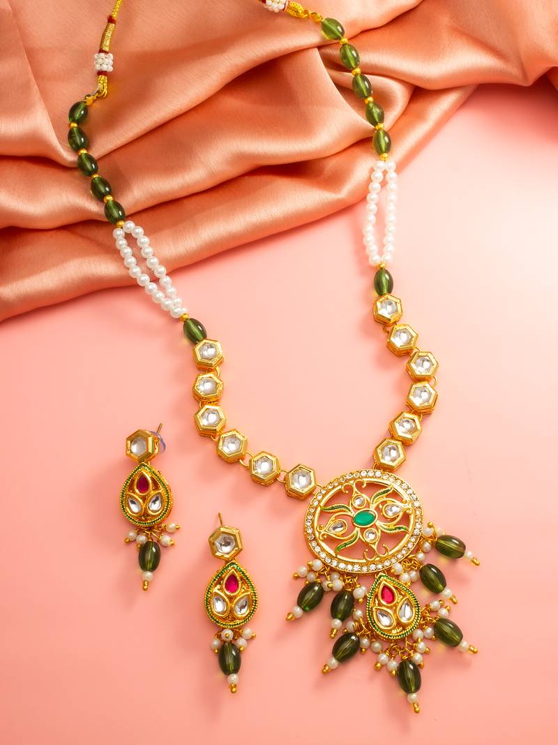 Green meenakari kundan necklace earring set