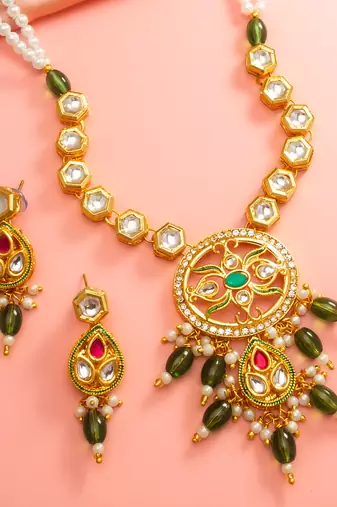 Green meenakari kundan necklace earring set