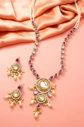 Silver ruby kundan necklace earring set