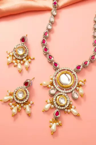 Silver ruby kundan necklace earring set
