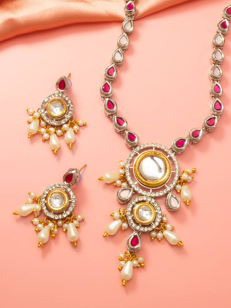 Silver ruby kundan necklace earring set