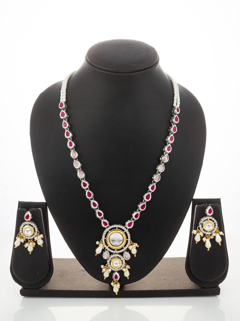 Silver ruby kundan necklace earring set
