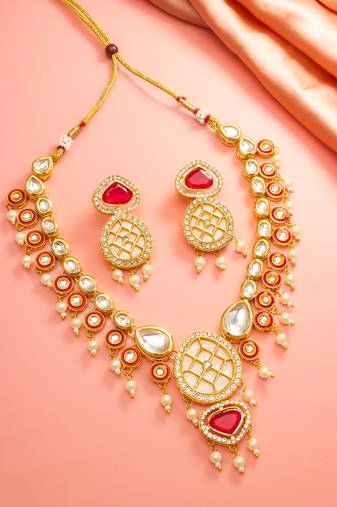 Red polki kundan necklace earring set