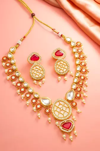 Red polki kundan necklace earring set