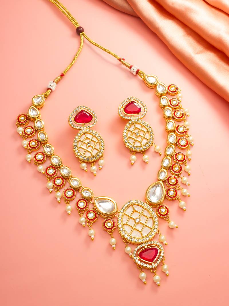 Red polki kundan necklace earring set