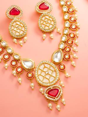 Red polki kundan necklace earring set 2