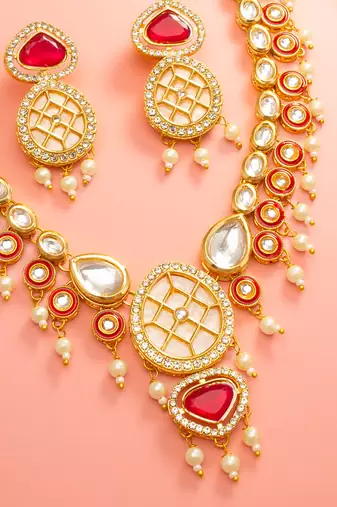 Red polki kundan necklace earring set