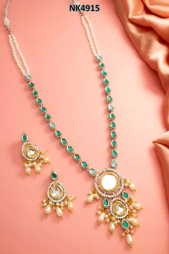 Silver green pearl necklace earring set