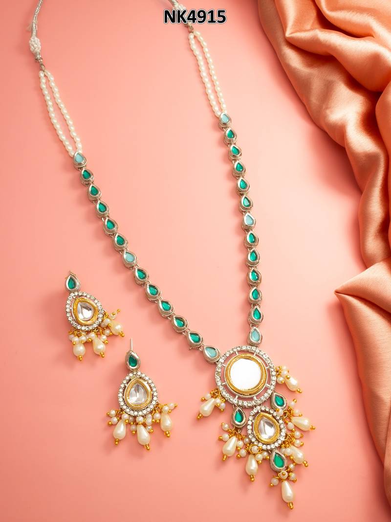 Silver green pearl necklace earring set