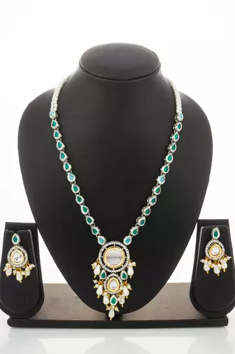 Silver green pearl necklace earring set