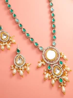 Silver green pearl necklace earring set 5