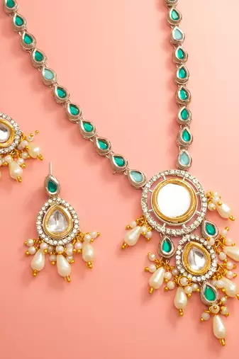 Silver green pearl necklace earring set