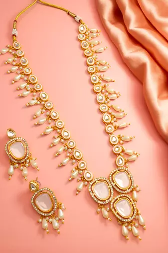 Pink stone pearl necklace earring set