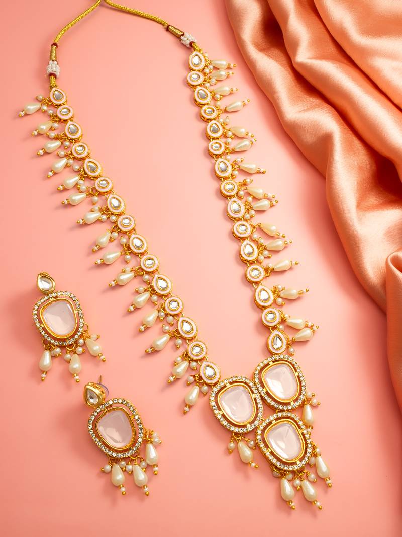 Pink stone pearl necklace earring set