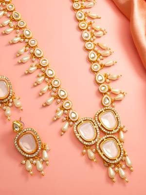 Pink stone pearl necklace earring set 2