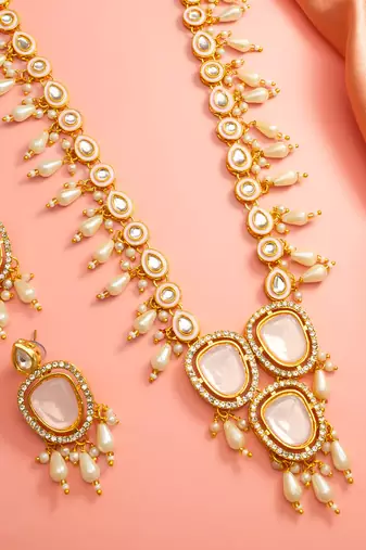 Pink stone pearl necklace earring set