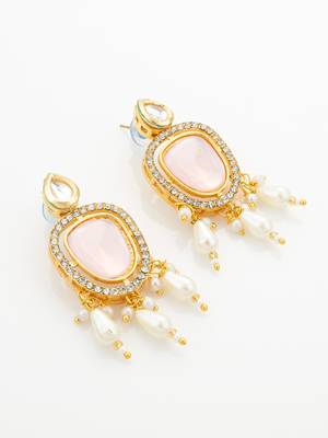 Pink stone pearl necklace earring set 3