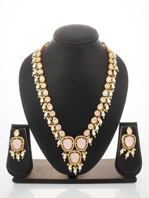 Pink stone pearl necklace earring set 4