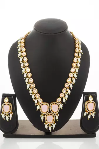 Pink stone pearl necklace earring set