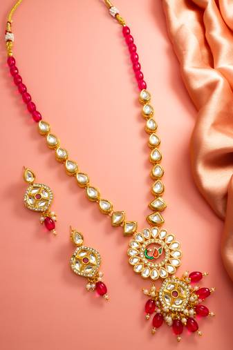 Pink meenakari kundan long necklace set
