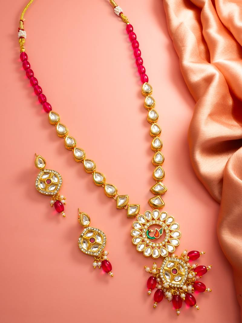 Pink meenakari kundan long necklace set