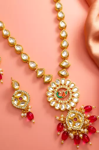 Pink meenakari kundan long necklace set