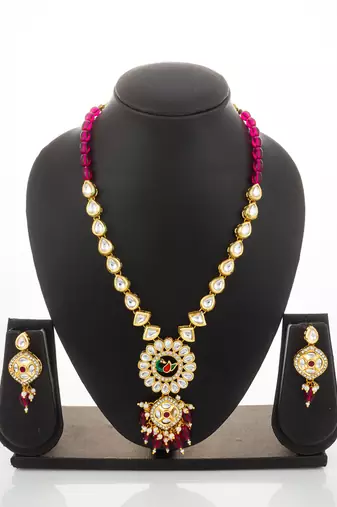 Pink meenakari kundan long necklace set