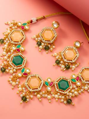 Peach green stone choker necklace set 2