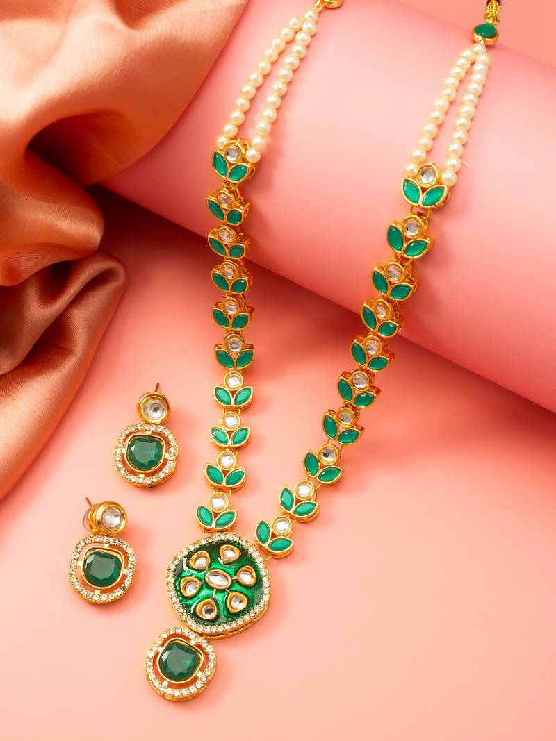 Green meenakari pearl necklace earring set