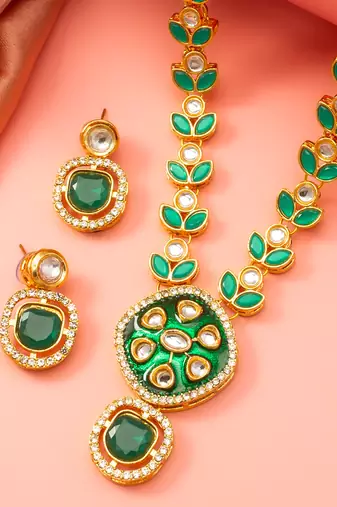 Green meenakari pearl necklace earring set