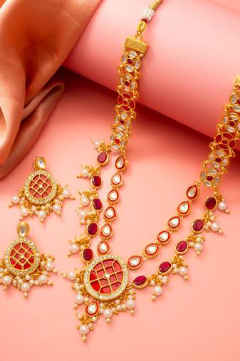Double layer ruby necklace earring set