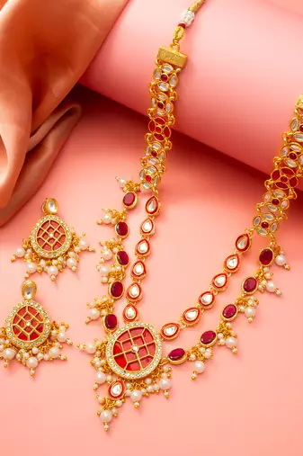 Double layer ruby necklace earring set