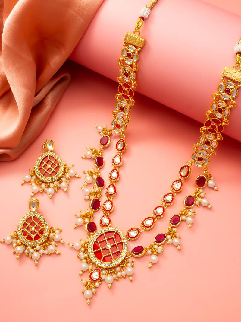Double layer ruby necklace earring set