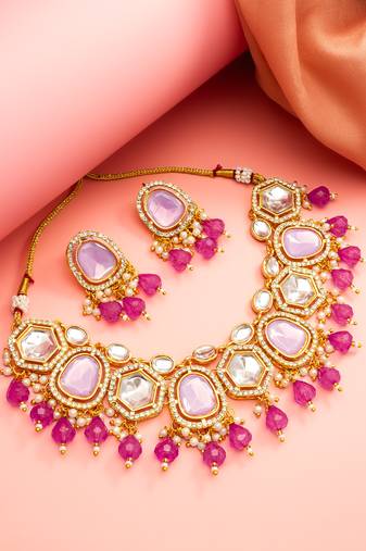 Lavender pink polki necklace earring set
