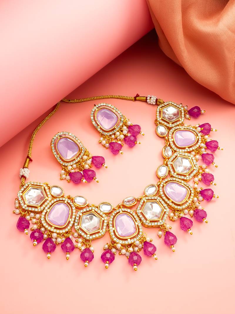 Lavender pink polki necklace earring set