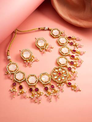 Pink crystal kundan necklace earring set 1