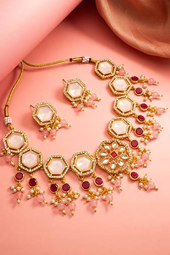 Pink crystal kundan necklace earring set