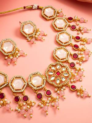 Pink crystal kundan necklace earring set 2