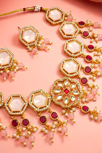 Pink crystal kundan necklace earring set