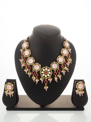 Pink crystal kundan necklace earring set 4