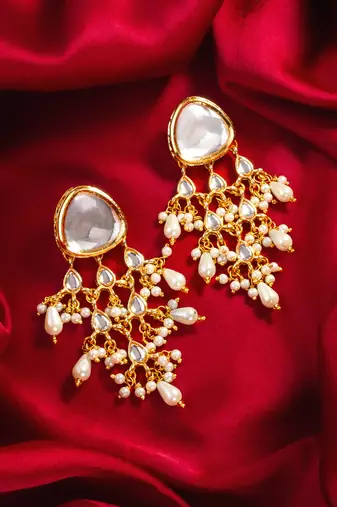 White kundan pearl chandbali earrings