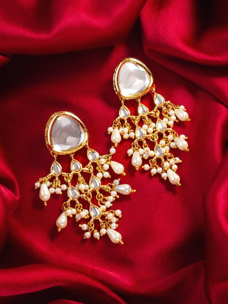 White kundan pearl chandbali earrings