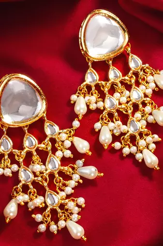 White kundan pearl chandbali earrings
