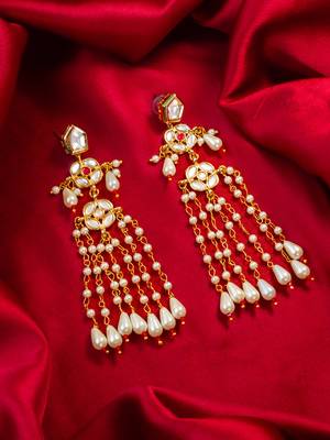Kundan pearl long chain drop earrings 1