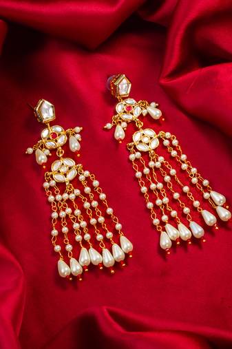 Kundan pearl long chain drop earrings
