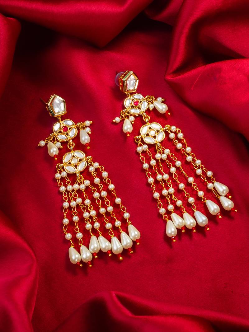 Kundan pearl long chain drop earrings