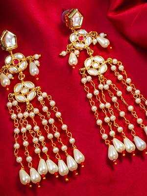 Kundan pearl long chain drop earrings 2
