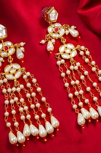 Kundan pearl long chain drop earrings